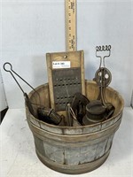 wood slat basket LOADED with primitive kitchen too