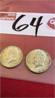 2- 1964 Kennedy silver half dollars,