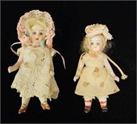 Antique 4" & 3 1/2" German Bisque Doll House Dolls