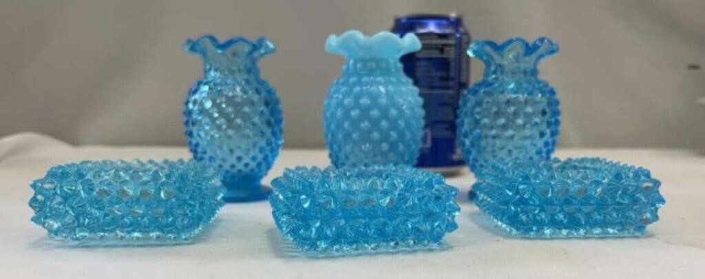 Vintage Fenton? 3-Blue Opalescent Hobnail Mini