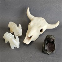 Gold Panner, Pottery Skull, Stone Burros