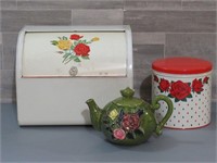 VINTAGE METAL BREAD BOX, CANISTER & TEAPOT