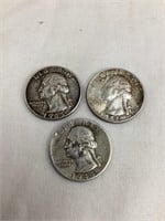 (3) Silver Washington Quarters, 1963D-1961D-1944