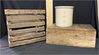 2 Gallon Red Wing Crock, Wooden Crate, Wooden Box