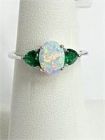 .925 Silver Opal & Emerald Heart Ring Sz 7   E