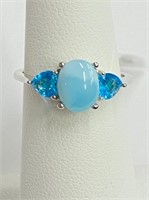 .925 Silver Larimar & Blue Topaz Ring Sz 6   T