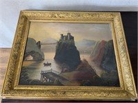 Fr. Oil on Board: Castle on Cliff w/Rower Below