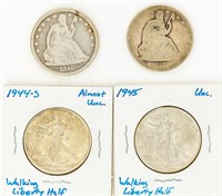 Coin 4 Silver Halves Liberty Std+Walking Lib G-AU