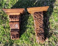 2 Carved Wood Drapery Curtain Holders Wall Shelf