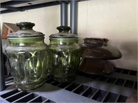 VTG. PORCELAIN INSULATOR, & GREEN GLASS JARS
