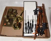 brass candle, wooden candle sticks, Cutco knife