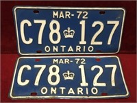1972 Ontario License Plate Set