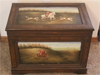 Wood Storage Box W/Painted English Rider Scene