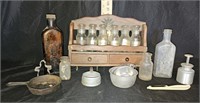 Wooden Spice Shelf w/ Bottles, Vintage Glass
