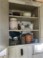 WOODEN CABINET WITH CERAMIC GLASS POTS &