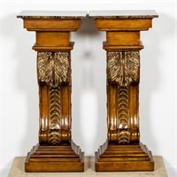 Pair, Stone Top Gilt Accented Acanthus Pedestals