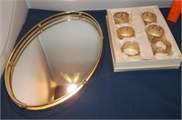 Vtg Mirrored Tray & Gold Filigree Napkin Rings
