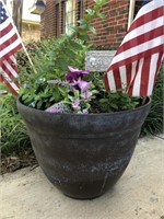 Large Plastic Planter with Plants and Flags