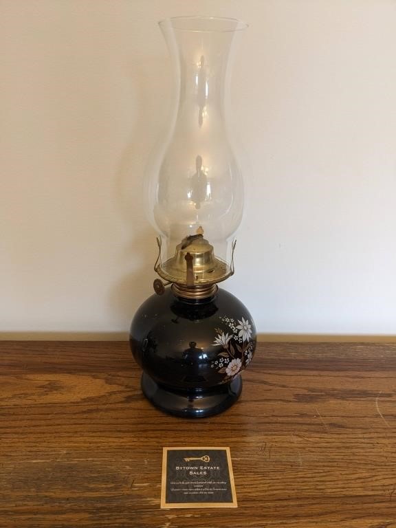 Black Glass Oil Lamp / Painted Gold/White Flowers
