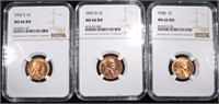 1952-S, 1957-D, 1958 LINCOLN CENTS NGC MS66 RD