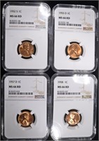 1952-S, 55-D, 57-D, 58 LINCOLN CENTS NGC MS66 RD