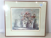 Framed print of flowers on pot, approx 18x20.8