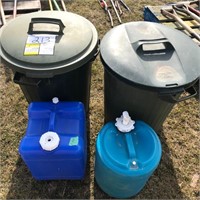 (2) plastic garbage cans, (2) water jugs