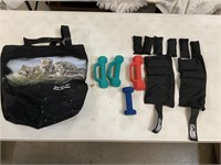 Dumbbells and other Exercise Gear in cloth bag