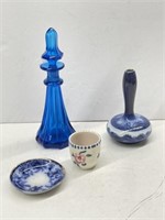 Blue Glass Perfume Bottle, Blue & White China