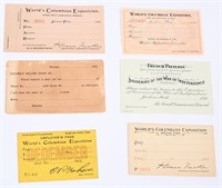 1893 World's Fair 6 Unused PASSES FRENCH & WORKMAN