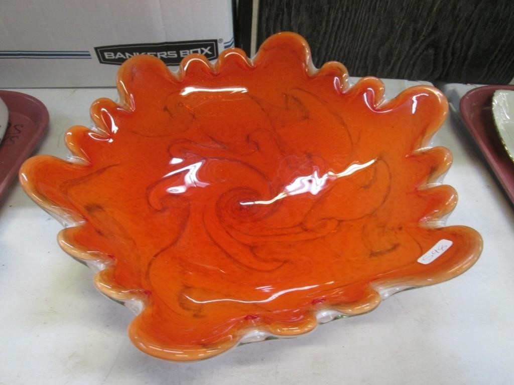 Orange/White Art Glass Bowl ~13” Across