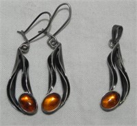 3pc .925 Sterling & Amber Earrings & Pendant