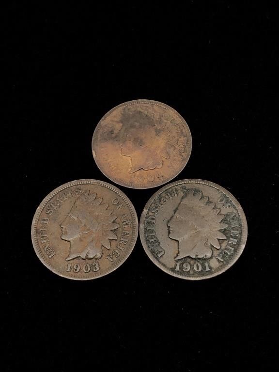 Three Antique 1C Indian Head Penny Coins- 1901,