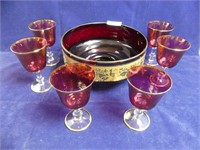 8.5" RUBY GLASS BOWL AND 6PC STEMWARE