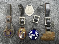 5 Vintage Watch Fobs Sana Fe Railroad, etc