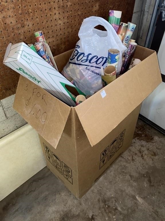 BOX OF HOLIDAY WRAPPING PAPER & SUPPLIES