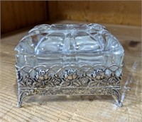 Glass Lidded Dish Sitting in Metal Tray w / Roses