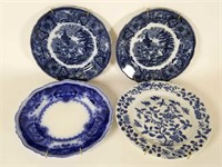 4 blue & white transferware plates