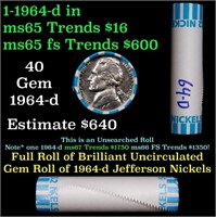 BU Shotgun Jefferson 5c roll, 1964-d 40 pcs Bank $