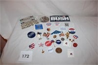 POLITCAL PINS, STICKERS LOT