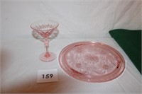PINK DEPRESSION FOOTED CAKE PLATE & STEMWARE