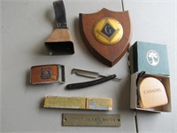 straight razor,bell,state police buckle & items