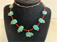 Sterling Turquoise & Coral Bear Necklace 43.7gr