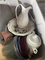 2 totes white teapot, white picture, and bowl,