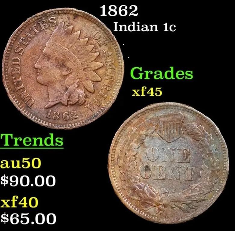 1862 Indian Cent 1c Grades xf+