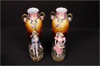 11.5" Pair of Majolica Vase w/ mounted figures