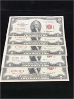 5-$2 bills red seal 1950s