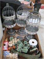 (3) METAL BIRDCAGE CANDLE HOLDERS & MISC DECOR