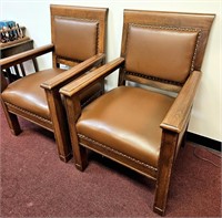 Pair of Wood and Leather Arm Chairs