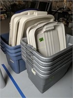 8 Gray& Blue Storage Totes. In Basement